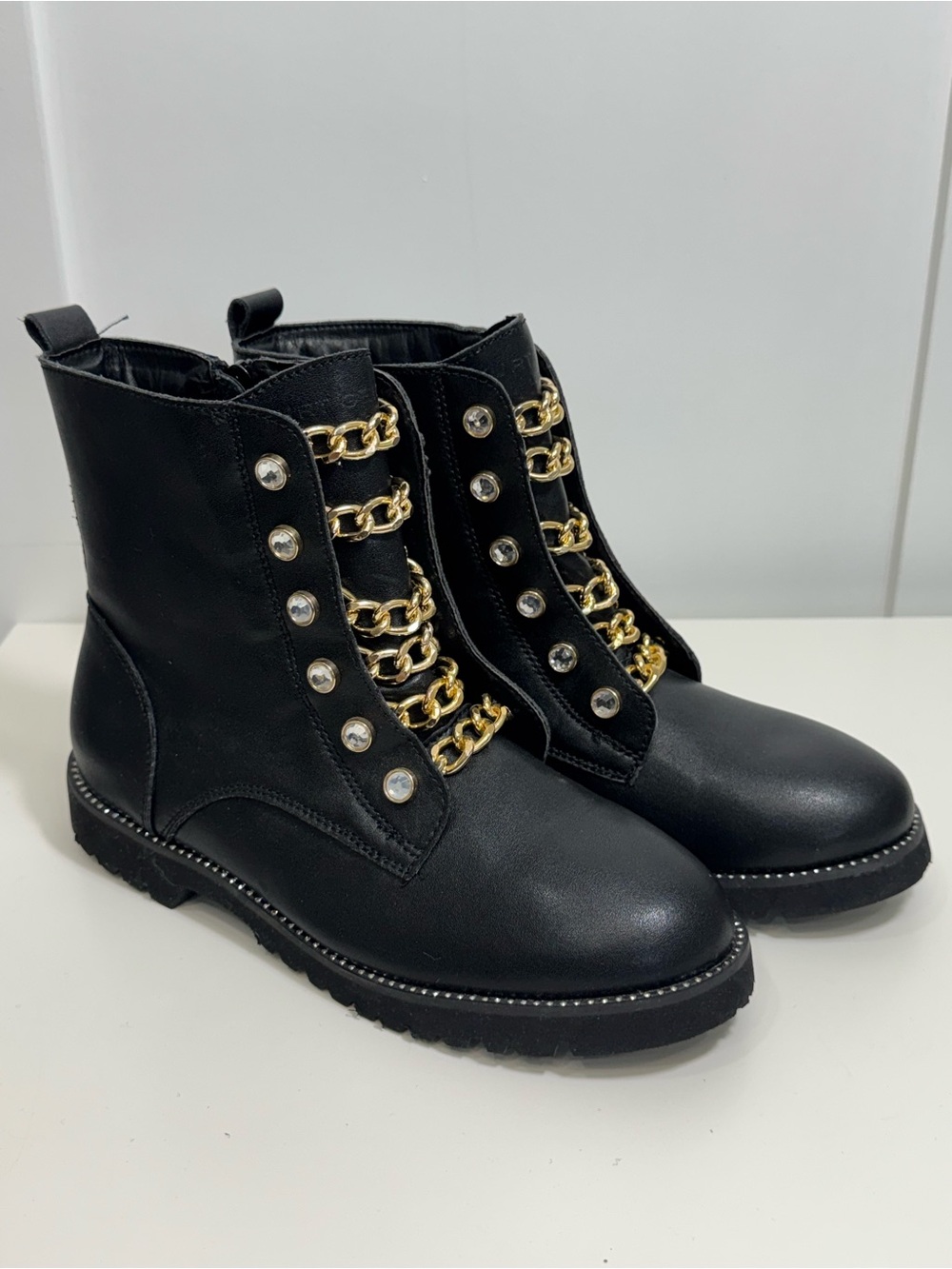 KURT GEIGER LONDON Mini Bax Black Leather Gold Chain Crystal Combat Boots 36 5